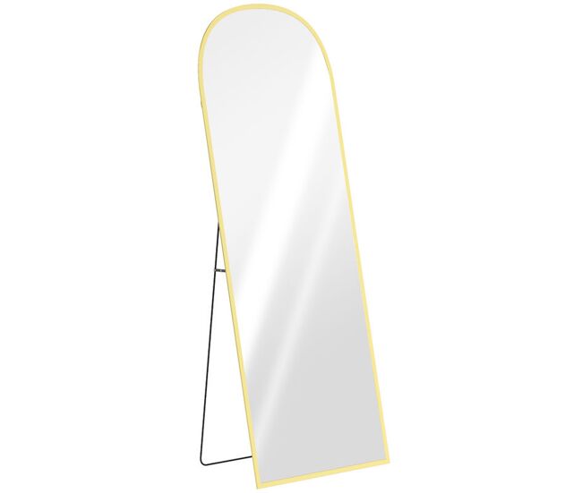 Homcom espejo de pie cuerpo entero 165x60 cm, espejo de pared arqueado con soporte, marco de aleación de aluminio, 2 formas de uso, para salón, entrada y dormitorio, dorado