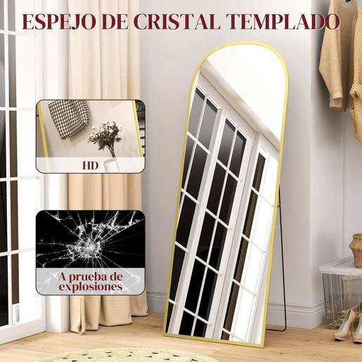HOMCOM Espelho de Pé Espelho de Corpo Inteiro 60x165 cm Espelho de Parede com Estrutura de Liga de Alumínio e Suporte para Sala Quarto Banheiro Dourado