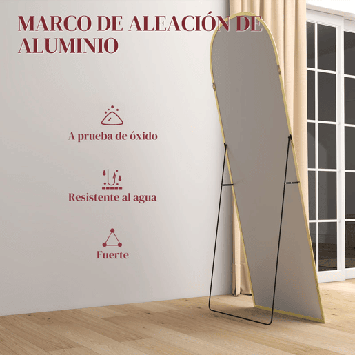 HOMCOM Espelho de Pé Espelho de Corpo Inteiro 60x165 cm Espelho de Parede com Estrutura de Liga de Alumínio e Suporte para Sala Quarto Banheiro Dourado
