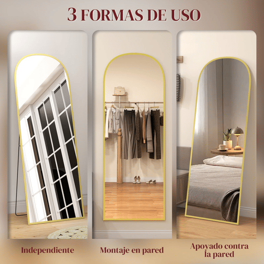 HOMCOM Espelho de Pé Espelho de Corpo Inteiro 60x165 cm Espelho de Parede com Estrutura de Liga de Alumínio e Suporte para Sala Quarto Banheiro Dourado