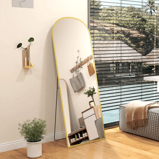 HOMCOM Espelho de Pé Espelho de Corpo Inteiro 60x165 cm Espelho de Parede com Estrutura de Liga de Alumínio e Suporte para Sala Quarto Banheiro Dourado