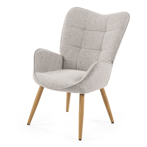 Poltrona Relax Estofada Em Tecido Cinza Claro Estilo Escandinavo Com Pernas De Madeira Maciça, Encosto Alto E Assento Acolchoado Macio, Cadeira Para Sala Jantar Quarto Capacidade 120Kg