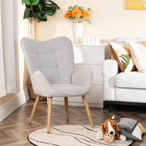 Poltrona Relax Estofada Em Tecido Cinza Claro Estilo Escandinavo Com Pernas De Madeira Maciça, Encosto Alto E Assento Acolchoado Macio, Cadeira Para Sala Jantar Quarto Capacidade 120Kg