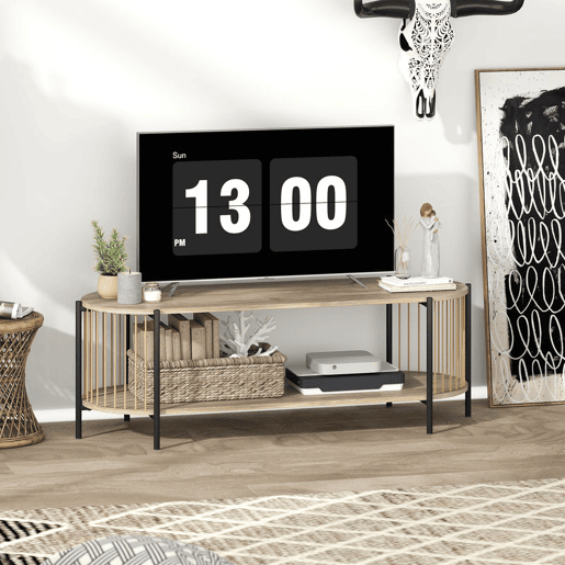 HOMCOM Móvel de TV Estilo Boémio Móvel de TV até 55 Polegadas com Detalhes em Corda de Papel e 2 Prateleiras Abertas para Sala de Estar Quarto 124x43,5x41 cm Madeira