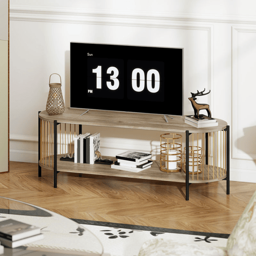 HOMCOM Móvel de TV Estilo Boémio Móvel de TV até 55 Polegadas com Detalhes em Corda de Papel e 2 Prateleiras Abertas para Sala de Estar Quarto 124x43,5x41 cm Madeira