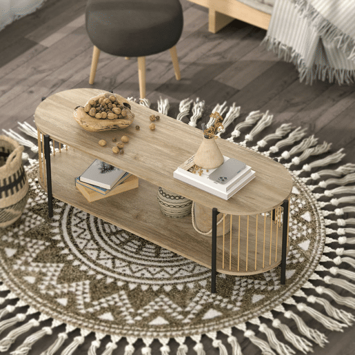 HOMCOM Móvel de TV Estilo Boémio Móvel de TV até 55 Polegadas com Detalhes em Corda de Papel e 2 Prateleiras Abertas para Sala de Estar Quarto 124x43,5x41 cm Madeira