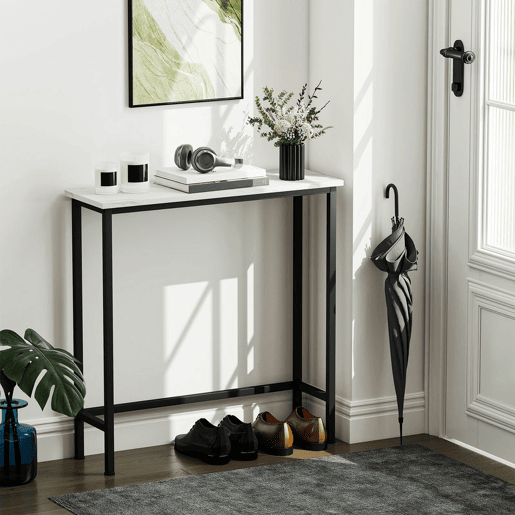 HOMCOM Mesa Consola Moderna Consola Estreita com Superfície com Efeito Mármore e Estrutura de Metal para Entrada Sala de Estar 75x24x76 cm Branco e Preto