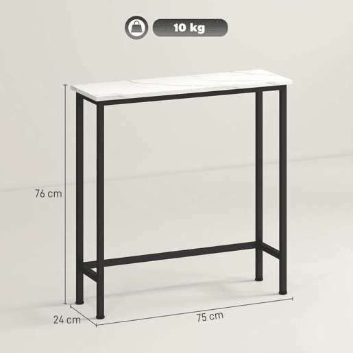 HOMCOM Mesa Consola Moderna Consola Estreita com Superfície com Efeito Mármore e Estrutura de Metal para Entrada Sala de Estar 75x24x76 cm Branco e Preto