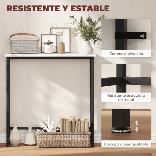 HOMCOM Mesa Consola Moderna Consola Estreita com Superfície com Efeito Mármore e Estrutura de Metal para Entrada Sala de Estar 75x24x76 cm Branco e Preto
