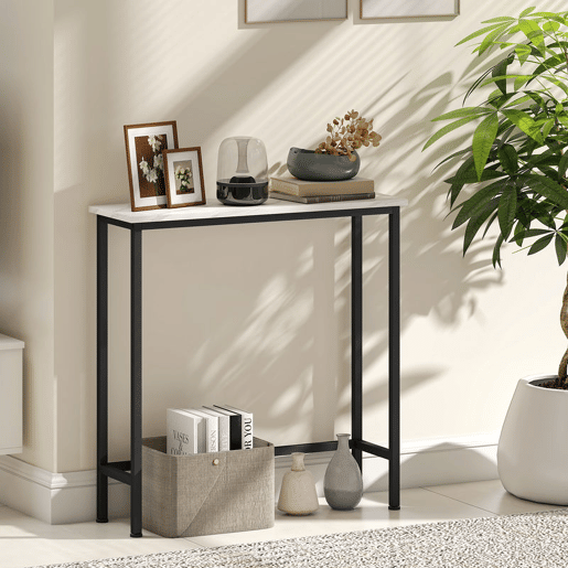 HOMCOM Mesa Consola Moderna Consola Estreita com Superfície com Efeito Mármore e Estrutura de Metal para Entrada Sala de Estar 75x24x76 cm Branco e Preto