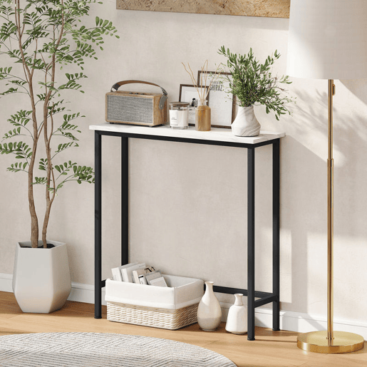 HOMCOM Mesa Consola Moderna Consola Estreita com Superfície com Efeito Mármore e Estrutura de Metal para Entrada Sala de Estar 75x24x76 cm Branco e Preto