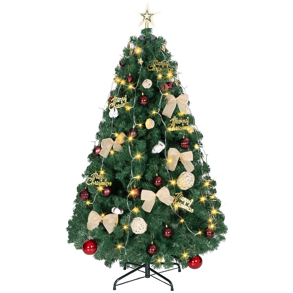 Homcom árbol de navidad ø90x150 cm con adornos y estrella, 150 luces led, árbol de navidad decorado con 8 modos de iluminación, 480 ramas, soporte de acero, decoración para hogar, fiesta, interior