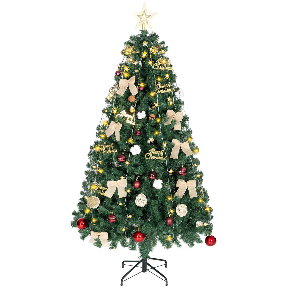 Homcom árbol de navidad ø100x180 cm con adornos y estrella, 200 luces led, árbol de navidad decorado con 8 modos de iluminación, 650 ramas, soporte de acero, decoración para hogar, fiesta, interior