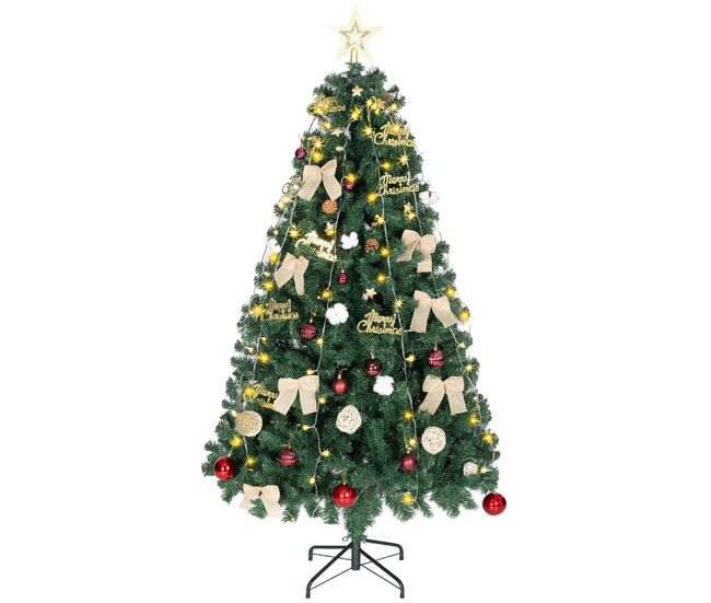 Homcom árbol de navidad ø100x180 cm con adornos y estrella, 200 luces led, árbol de navidad decorado con 8 modos de iluminación, 650 ramas, soporte de acero, decoración para hogar, fiesta, interior