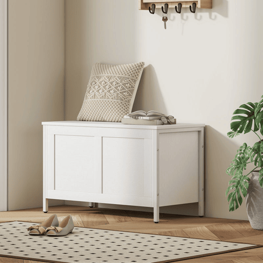 HOMCOM Baú de Armazenamento para Dormitório 95L Baú de Arrumação com Tampa Banco de Armazenamento Versátil com Dobradiça de Segurança para Corredor Sala de Estar 80x40x50 cm Branco