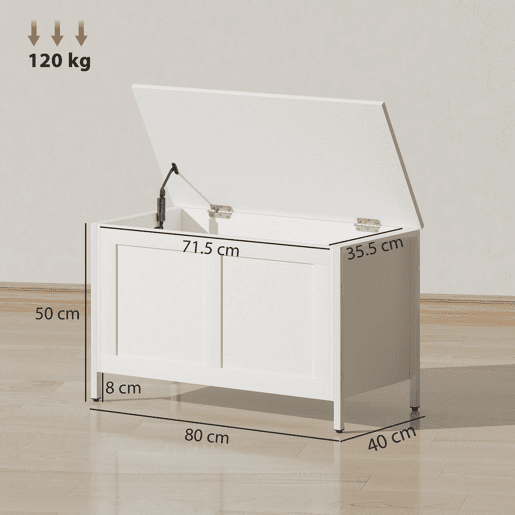 HOMCOM Baú de Armazenamento para Dormitório 95L Baú de Arrumação com Tampa Banco de Armazenamento Versátil com Dobradiça de Segurança para Corredor Sala de Estar 80x40x50 cm Branco