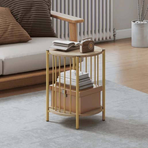 HOMCOM Mesa Lateral Redonda de 2 Níveis Mesa Auxiliar Moderna com Prateleira de Armazenamento e Estrutura de Aço para Sala e Quarto Ø41x49 cm Madeira