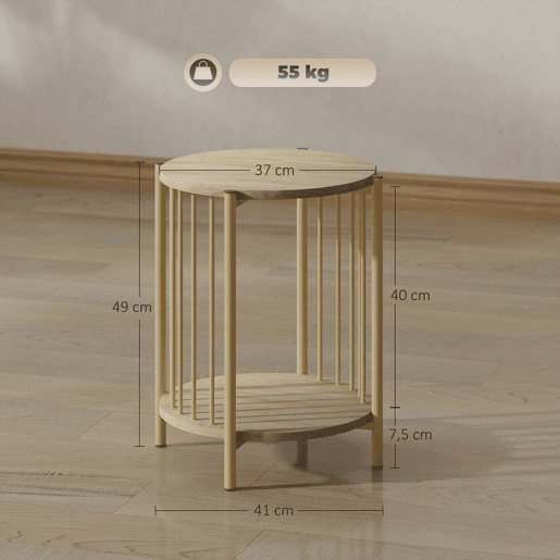 HOMCOM Mesa Lateral Redonda de 2 Níveis Mesa Auxiliar Moderna com Prateleira de Armazenamento e Estrutura de Aço para Sala e Quarto Ø41x49 cm Madeira