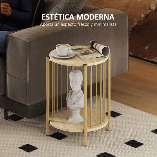 HOMCOM Mesa Lateral Redonda de 2 Níveis Mesa Auxiliar Moderna com Prateleira de Armazenamento e Estrutura de Aço para Sala e Quarto Ø41x49 cm Madeira