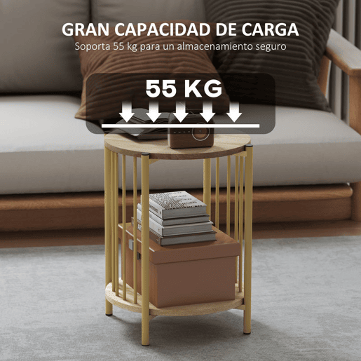 HOMCOM Mesa Lateral Redonda de 2 Níveis Mesa Auxiliar Moderna com Prateleira de Armazenamento e Estrutura de Aço para Sala e Quarto Ø41x49 cm Madeira