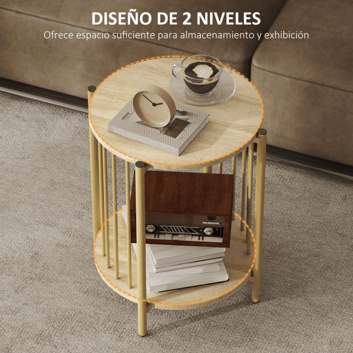 HOMCOM Mesa Lateral Redonda de 2 Níveis Mesa Auxiliar Moderna com Prateleira de Armazenamento e Estrutura de Aço para Sala e Quarto Ø41x49 cm Madeira