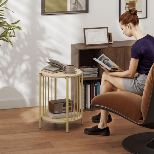 HOMCOM Mesa Lateral Redonda de 2 Níveis Mesa Auxiliar Moderna com Prateleira de Armazenamento e Estrutura de Aço para Sala e Quarto Ø41x49 cm Madeira