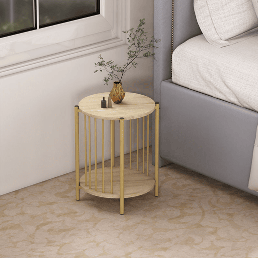HOMCOM Mesa Lateral Redonda de 2 Níveis Mesa Auxiliar Moderna com Prateleira de Armazenamento e Estrutura de Aço para Sala e Quarto Ø41x49 cm Madeira