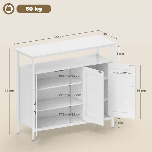 HOMCOM Aparador com 3 Portas Estilo Industrial com Compartimento Aberto Prateleiras Ajustáveis para Sala de Jantar Entrada Quarto 100x35x88 cm Branco