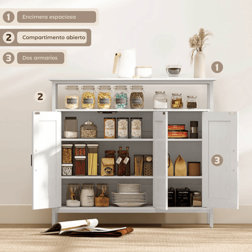 HOMCOM Aparador com 3 Portas Estilo Industrial com Compartimento Aberto Prateleiras Ajustáveis para Sala de Jantar Entrada Quarto 100x35x88 cm Branco