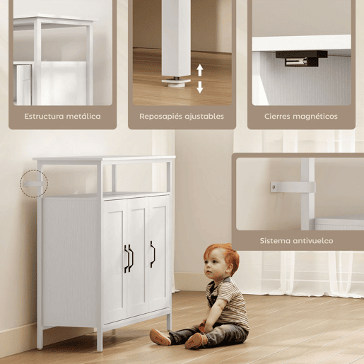 HOMCOM Aparador com 3 Portas Estilo Industrial com Compartimento Aberto Prateleiras Ajustáveis para Sala de Jantar Entrada Quarto 100x35x88 cm Branco