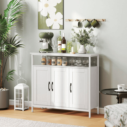 HOMCOM Aparador com 3 Portas Estilo Industrial com Compartimento Aberto Prateleiras Ajustáveis para Sala de Jantar Entrada Quarto 100x35x88 cm Branco