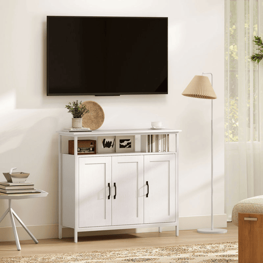HOMCOM Aparador com 3 Portas Estilo Industrial com Compartimento Aberto Prateleiras Ajustáveis para Sala de Jantar Entrada Quarto 100x35x88 cm Branco