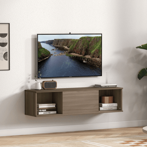 HOMCOM Armário de Parede Móvel para TV Suspenso com 2 Compartimentos Abertos e Porta Rebatível 120x30x29,5 cm Marrom Escuro