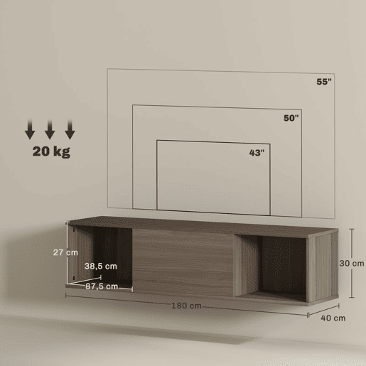 HOMCOM Armário de Parede Móvel para TV Suspenso com 2 Compartimentos Abertos e Porta Rebatível 120x30x29,5 cm Marrom Escuro