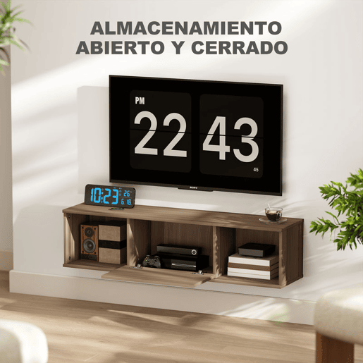 HOMCOM Armário de Parede Móvel para TV Suspenso com 2 Compartimentos Abertos e Porta Rebatível 120x30x29,5 cm Marrom Escuro
