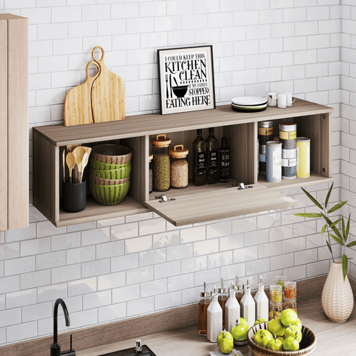 HOMCOM Armário de Parede Móvel para TV Suspenso com 2 Compartimentos Abertos e Porta Rebatível 120x30x29,5 cm Marrom Escuro