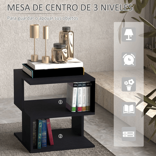 HOMCOM Mesa Auxiliar Mesa de Cabeceira Mesa Centro de 2 Níveis com Prateleira de Armazenamento para Sala Quarto Estante 40x40x43 cm Preto
