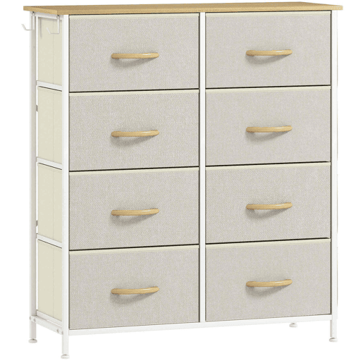 HOMCOM Cómoda Alta de Tecido com 8 Gavetas 4 Bolsos Laterais 2 Ganchos e Estrutura de Aço Cómoda para Quarto Sala de Estar Corredor 86x30x94,5 cm Bege