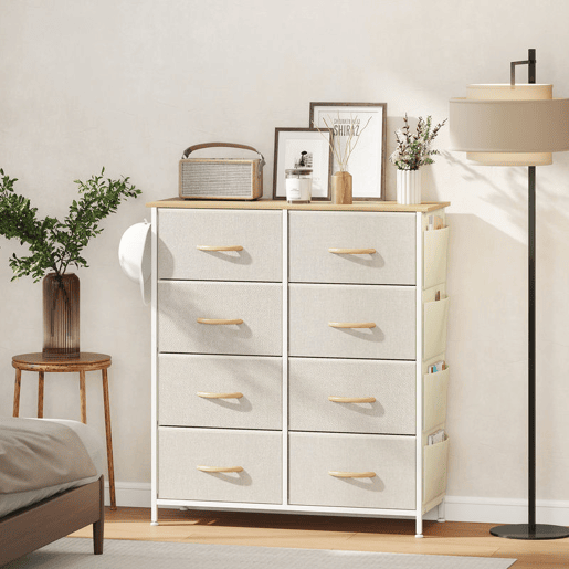 HOMCOM Cómoda Alta de Tecido com 8 Gavetas 4 Bolsos Laterais 2 Ganchos e Estrutura de Aço Cómoda para Quarto Sala de Estar Corredor 86x30x94,5 cm Bege