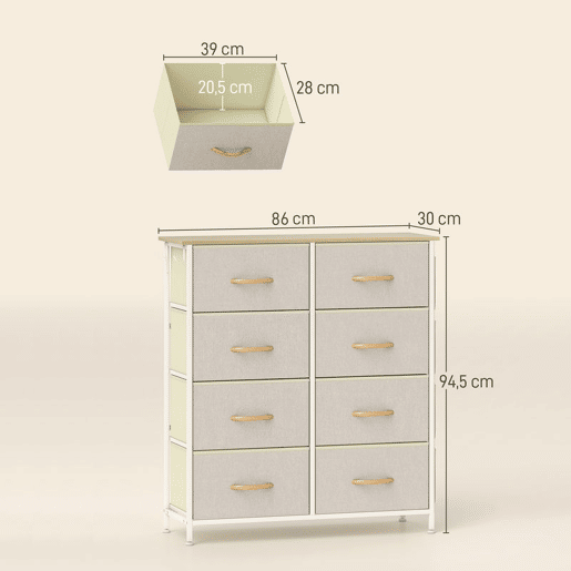 HOMCOM Cómoda Alta de Tecido com 8 Gavetas 4 Bolsos Laterais 2 Ganchos e Estrutura de Aço Cómoda para Quarto Sala de Estar Corredor 86x30x94,5 cm Bege
