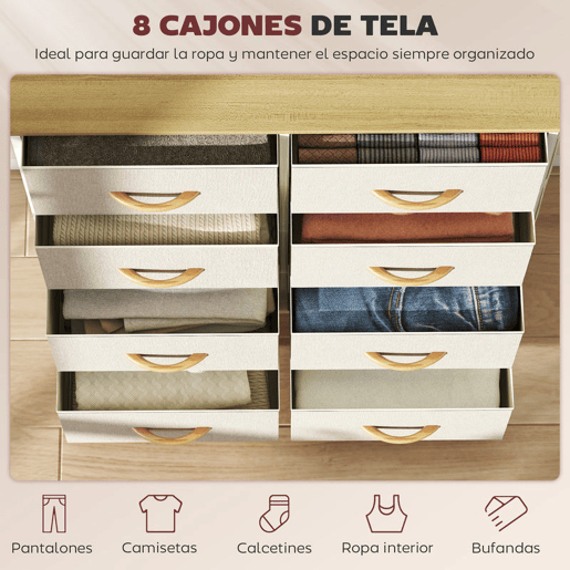 HOMCOM Cómoda Alta de Tecido com 8 Gavetas 4 Bolsos Laterais 2 Ganchos e Estrutura de Aço Cómoda para Quarto Sala de Estar Corredor 86x30x94,5 cm Bege