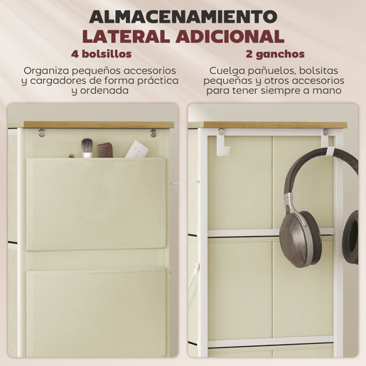 HOMCOM Cómoda Alta de Tecido com 8 Gavetas 4 Bolsos Laterais 2 Ganchos e Estrutura de Aço Cómoda para Quarto Sala de Estar Corredor 86x30x94,5 cm Bege