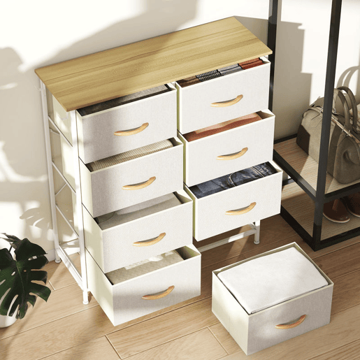 HOMCOM Cómoda Alta de Tecido com 8 Gavetas 4 Bolsos Laterais 2 Ganchos e Estrutura de Aço Cómoda para Quarto Sala de Estar Corredor 86x30x94,5 cm Bege