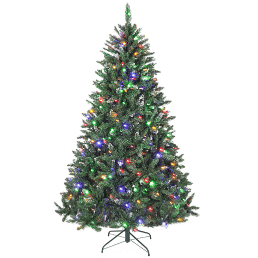 HOMCOM Árvore de Natal 210 cm Árvore Natalícia de Abeto com Luzes LED 9 Modos de Iluminação 1160 Ramos com Neve Artificial Suporte Metálico Fácil de Montar Verde