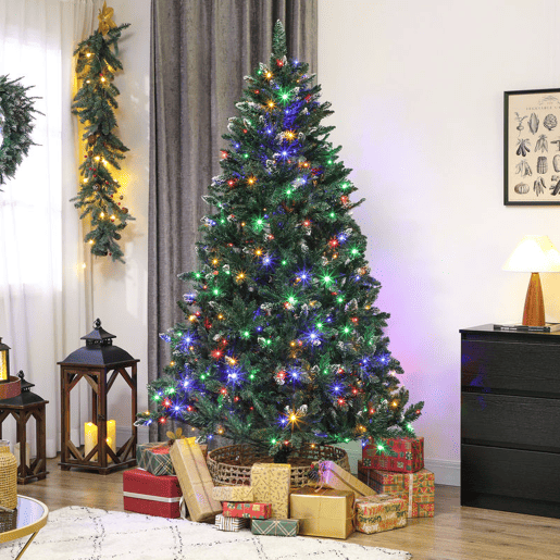 HOMCOM Árvore de Natal 210 cm Árvore Natalícia de Abeto com Luzes LED 9 Modos de Iluminação 1160 Ramos com Neve Artificial Suporte Metálico Fácil de Montar Verde