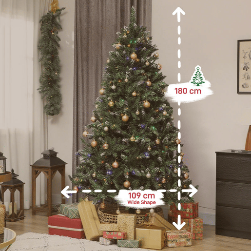 HOMCOM Árvore de Natal 210 cm Árvore Natalícia de Abeto com Luzes LED 9 Modos de Iluminação 1160 Ramos com Neve Artificial Suporte Metálico Fácil de Montar Verde