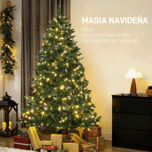 HOMCOM Árvore de Natal 210 cm Árvore Natalícia de Abeto com Luzes LED 9 Modos de Iluminação 1160 Ramos com Neve Artificial Suporte Metálico Fácil de Montar Verde