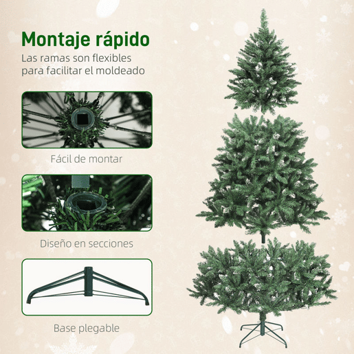 HOMCOM Árvore de Natal 210 cm Árvore Natalícia de Abeto com Luzes LED 9 Modos de Iluminação 1160 Ramos com Neve Artificial Suporte Metálico Fácil de Montar Verde
