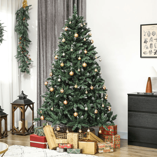 HOMCOM Árvore de Natal 210 cm Árvore Natalícia de Abeto com Luzes LED 9 Modos de Iluminação 1160 Ramos com Neve Artificial Suporte Metálico Fácil de Montar Verde