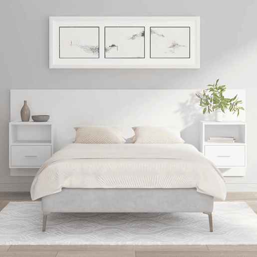 Cabeceira - Cabeceira de cama cama + armários madeira processada branco